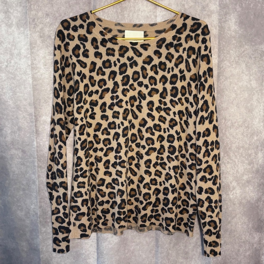 Cynthia Rowley Leopard 2-Ply Cashmere Sweater Womens XL Tan Animal Print